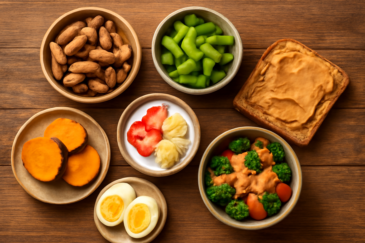 Aneka camilan sehat pengganti gorengan seperti edamame, ubi kukus, dan telur rebus di atas meja kayu