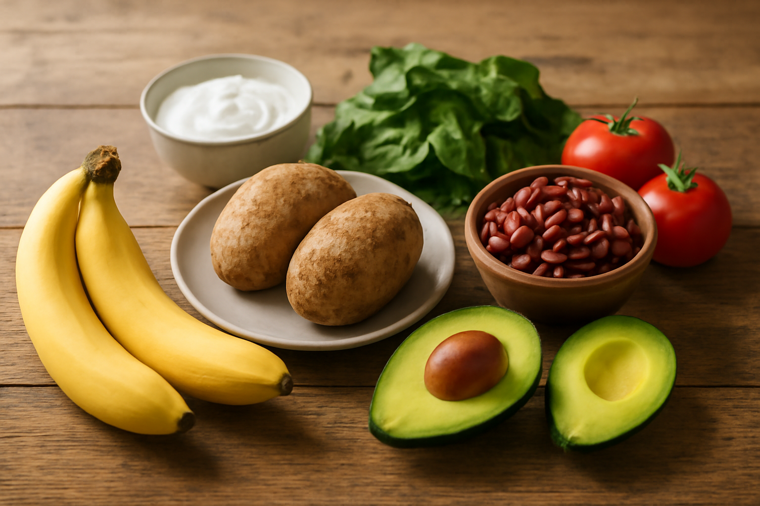 Aneka makanan tinggi kalium seperti pisang, kentang, bayam, alpukat, kacang merah, tomat, dan yogurt di atas meja kayu