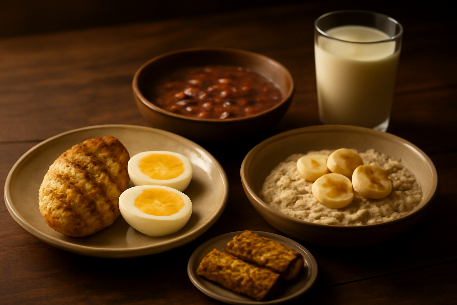 Aneka menu sahur tinggi protein seperti telur, ayam panggang, tempe, dan oatmeal di atas meja
