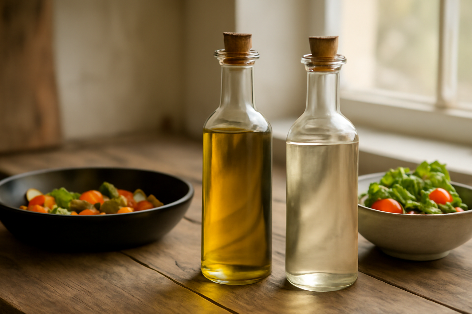 Dua botol minyak zaitun dan minyak kelapa di meja dapur dengan sayuran tumis dan salad