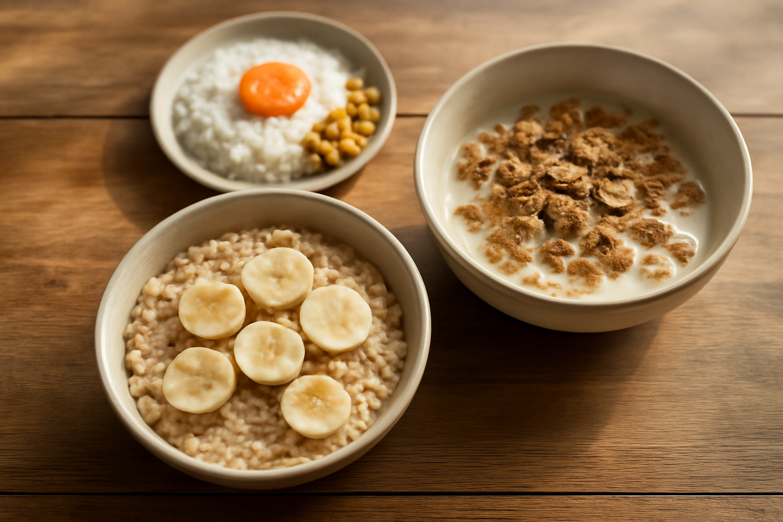 Tiga pilihan sarapan sehat di meja kayu: oatmeal dengan pisang, sereal gandum utuh, dan nasi dengan telur serta sayur